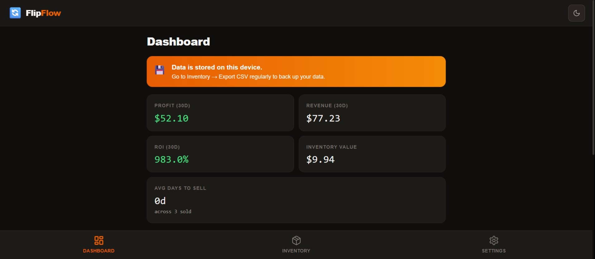 FlipFlow — Reseller Profit Tracker dashboard